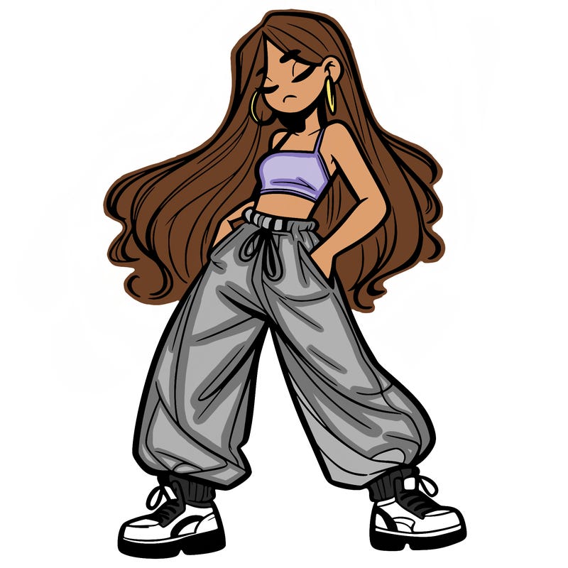 girl in baggy pants crop top and long hair