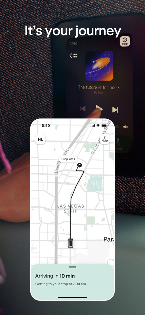 Zoox - A smartphone displaying the Zoox app ride tracking map in Las Vegas with the in-car entertainment screen in the background.