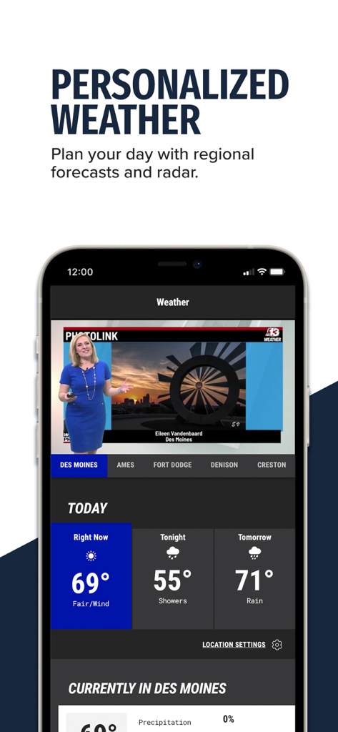 WHO 13 - WHO 13アプリのパーソナライズされた天気予報画面。デモインとセントラルアイオワ地域向け。