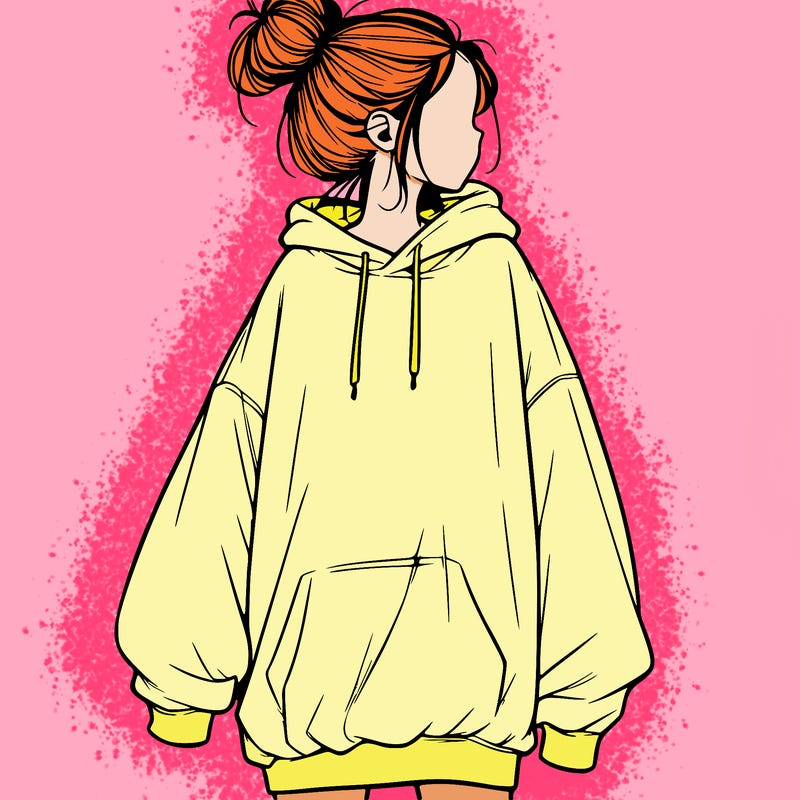 realistic girl with a oversized sweatshirt on and a bun