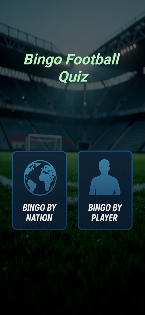 Bingo Football Quiz - Main menu of Bingo Football Quiz app with Bingo by Nation and Bingo by Player game modes