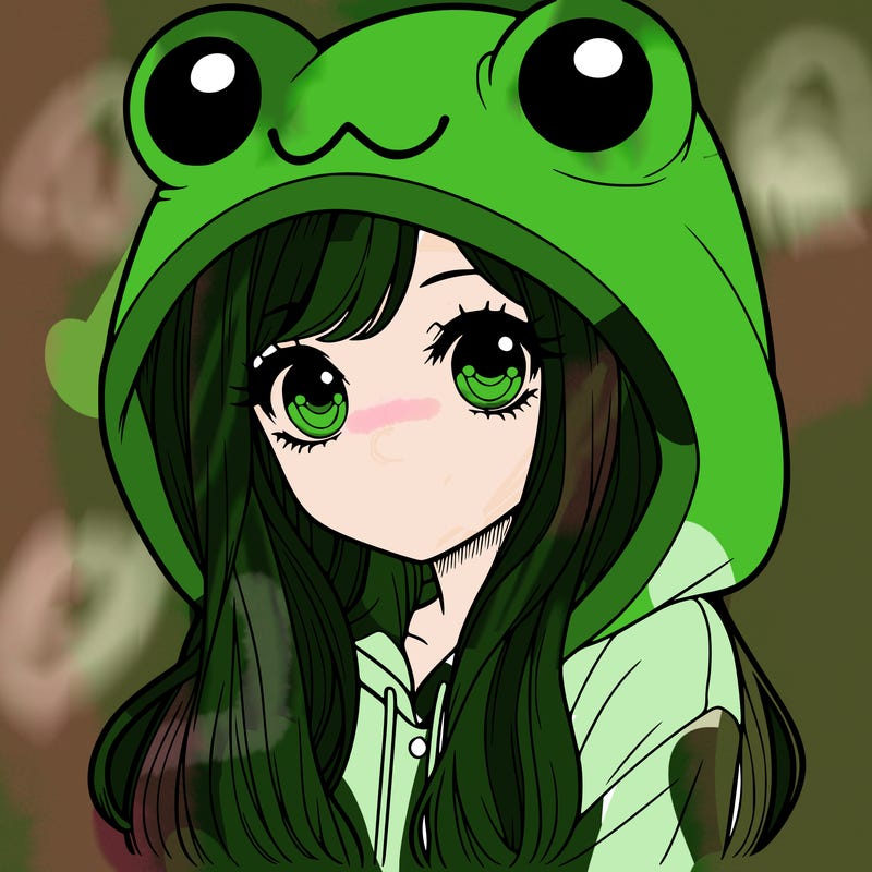 a pretty girl wearing a frog hoodie portrait with long hair
