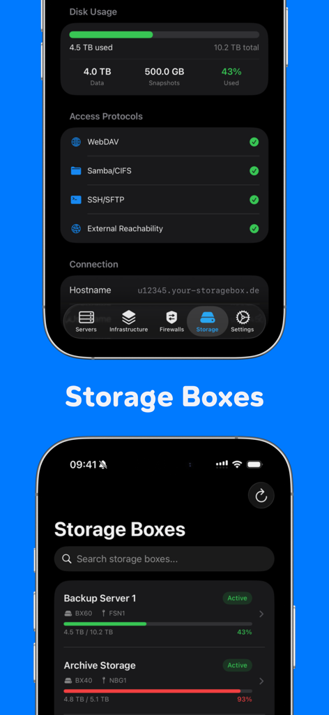 HetzMate for Hetzner Cloud - Mobiles Dashboard zur Verwaltung von Hetzner Storage Boxes mit Überwachung der Festplattenauslastung und des Status