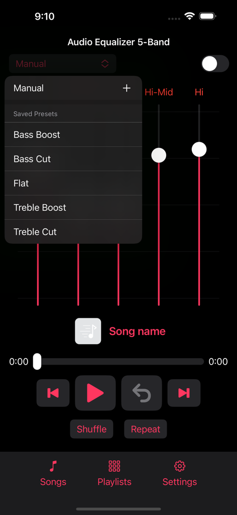 Audio Equalizer 5-Band - Audio Equalizer 5-Band app interface with presets menu open showing options like Bass Boost and Flat