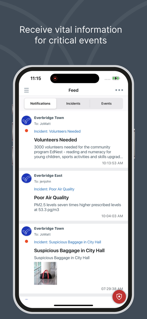 Flux d'actualités de l'application mobile Everbridge affichant les notifications d'urgence et les alertes de sécurité locales