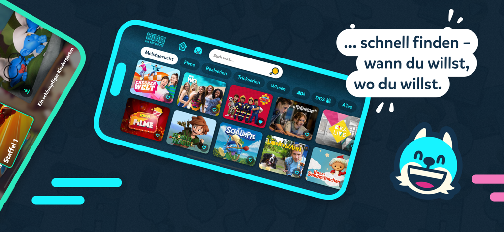 Oberfläche der KiKA-App mit deutschen Kindersendungen und einer Suchleiste