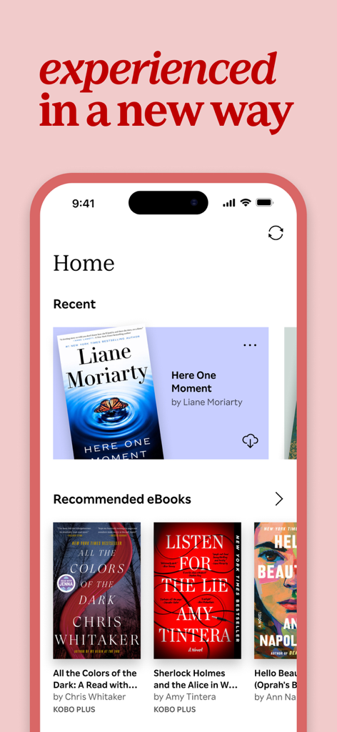 Kobo Books & Audiobooks - Schermata principale dell'app Kobo Books che mostra eBook recenti e consigliati su un iPhone