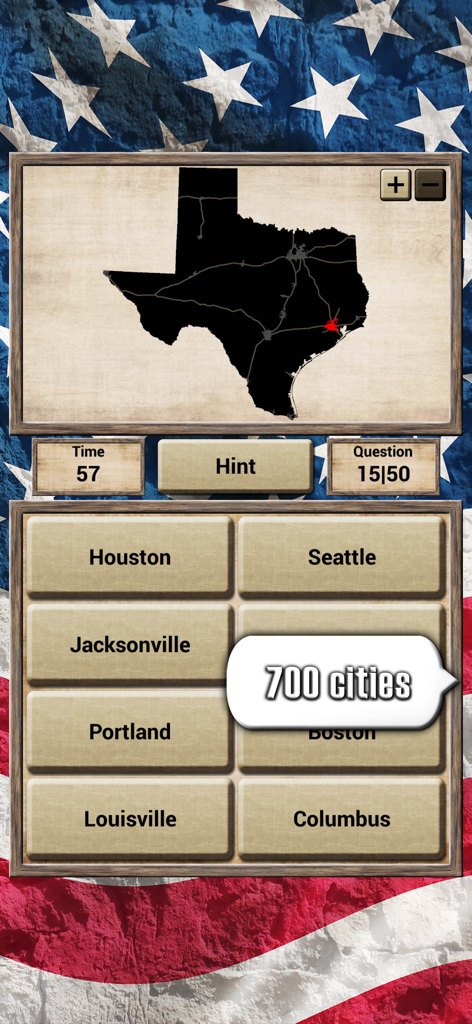 Interfaccia del gioco a quiz di geografia USA che mostra una mappa del Texas e opzioni a scelta multipla per identificare una città