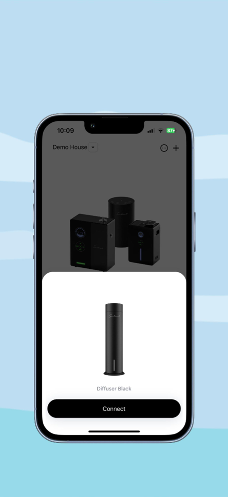 Scentiment 1.0 - Scentiment app interface for connecting a black smart scent diffuser in a demo house