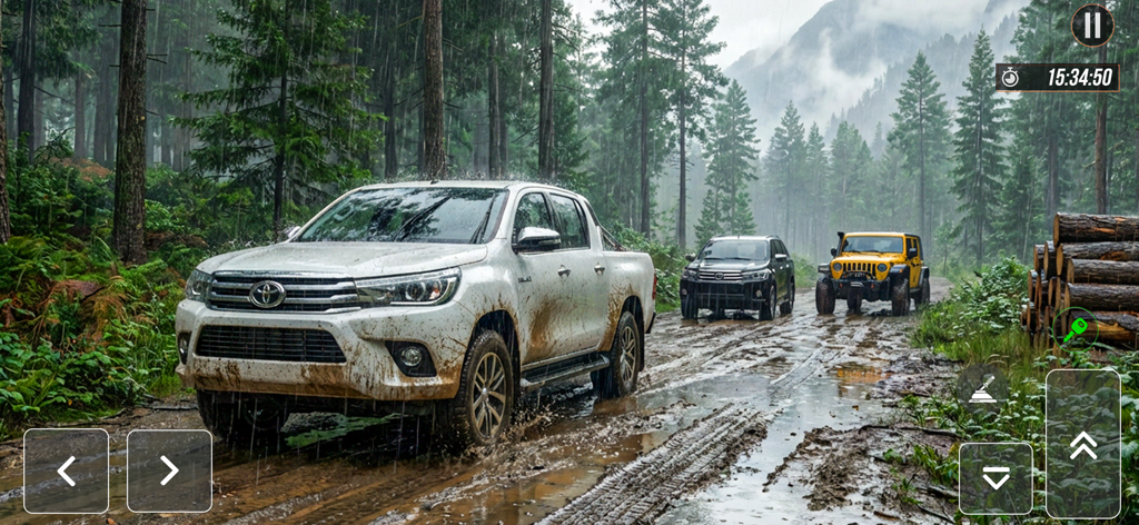 Crazy Jeep Drive Offroad Games - Una camioneta pickup 4x4 blanca navegando por un sendero de barro en un bosque durante un día lluvioso en un juego de simulación de conducción