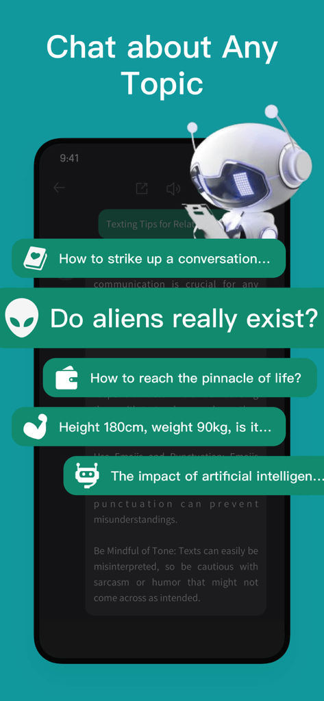 Chatbot -Ask AI Chat Assistant - Una pantalla de smartphone mostrando varios prompts de chat de IA y un amigable asistente robot