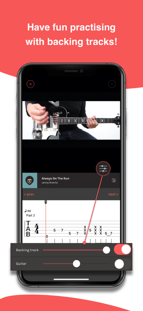 Play Guitar Hits - Guitar lesson interface with video tutorial, tablature, and audio mixer settings for backing tracks