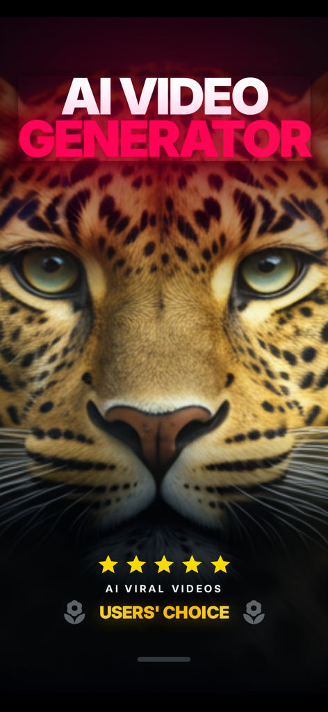 Video3: AI Video Generator - AI video generator app interface showing a realistic leopard face with text overlay and five star rating.