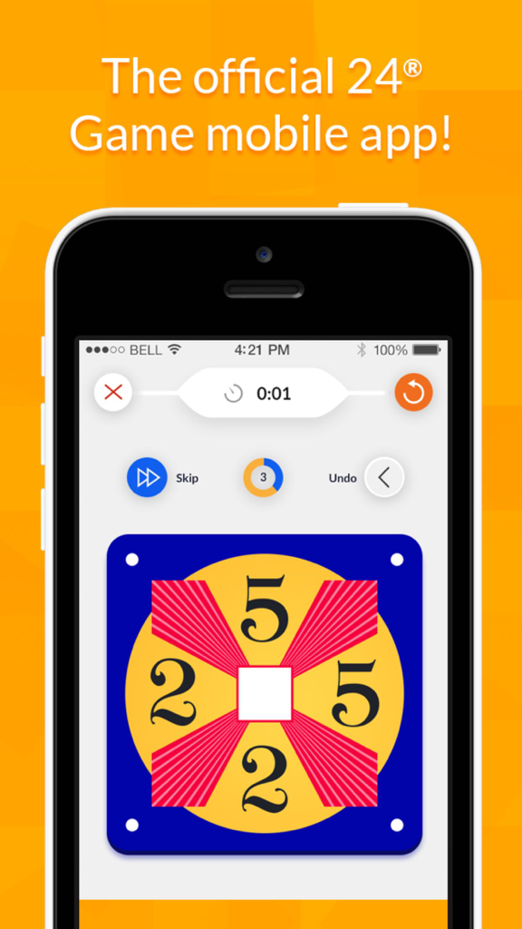 Official 24 Game mobile app showing a math card puzzle on a smartphone