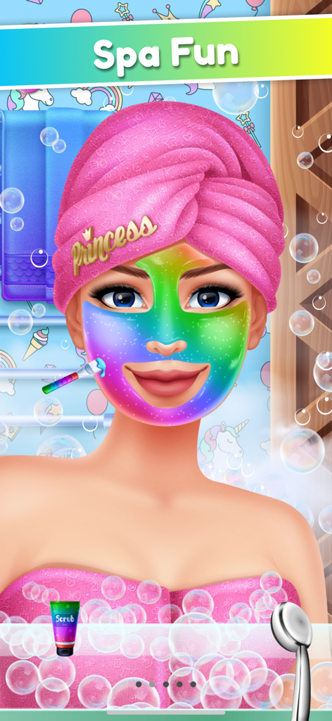 Girl character with rainbow face mask and princess towel in spa makeover game