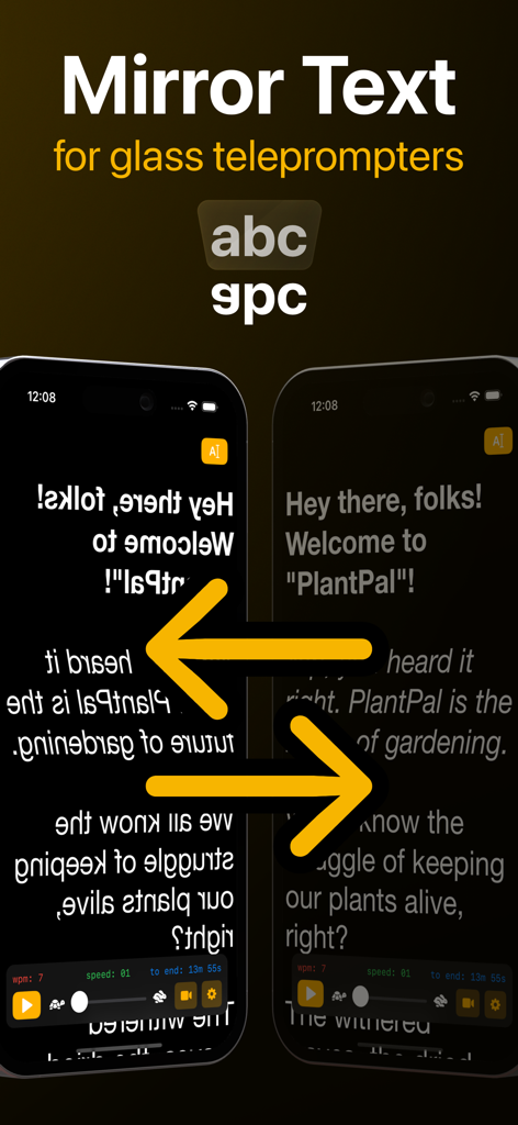 Telepromptr - Telepromptr app showing normal and mirrored text for use with glass teleprompter hardware
