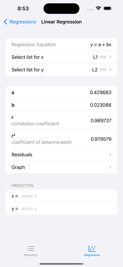 Statistics Calculator++ - Linear regression analysis screen in the Statistics Calculator app showing correlation coefficients and prediction tools