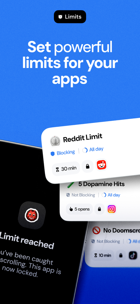 Jomo - Screen Time Blocker - Jomo app interface showing social media usage limits and a lock screen for reached app limits
