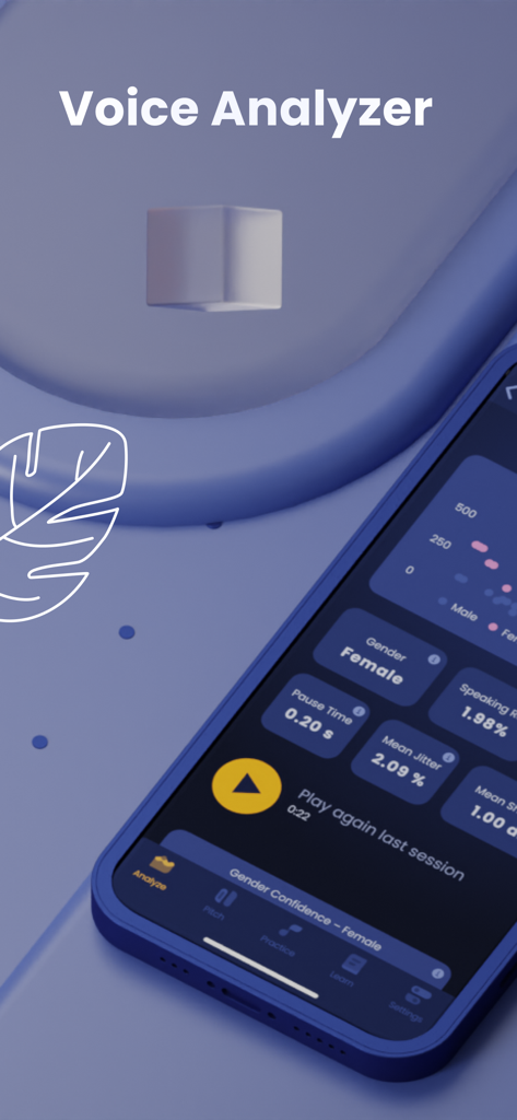 Voice Whiz app interface showing female gender classification with vocal metrics like pitch jitter and shimmer