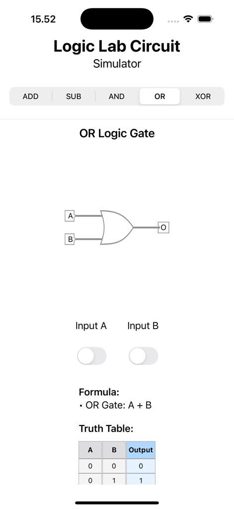 LogicLabCircuit - LogicLabCircuitアプリの画面。OR論理ゲート図、真理値表、入力トグルを表示しています