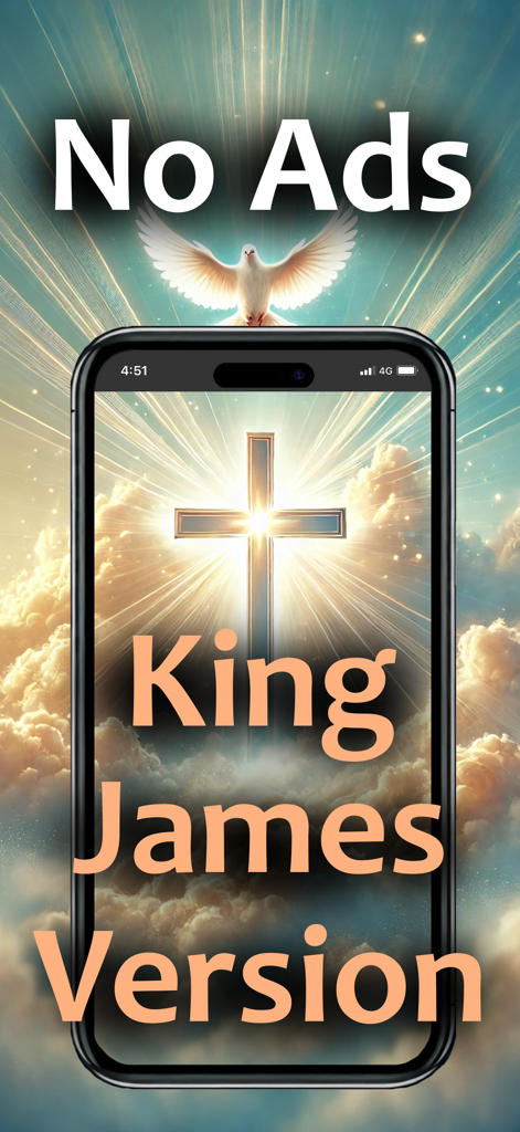 King James Version Bible app showing a glowing cross and a white dove with no ads text