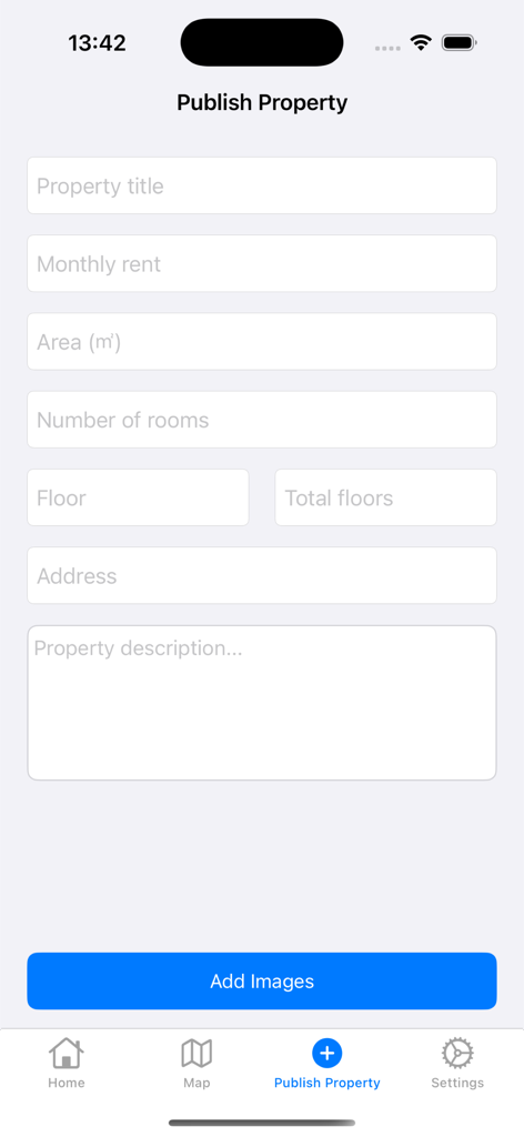 Mobile interface for listing a rental property with fields for rent, area, and description