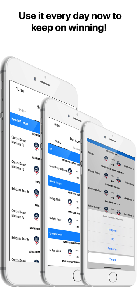 Interface de l'application Bet Advisor VIP affichant les prédictions de matchs de football et les cotes de paris sportifs