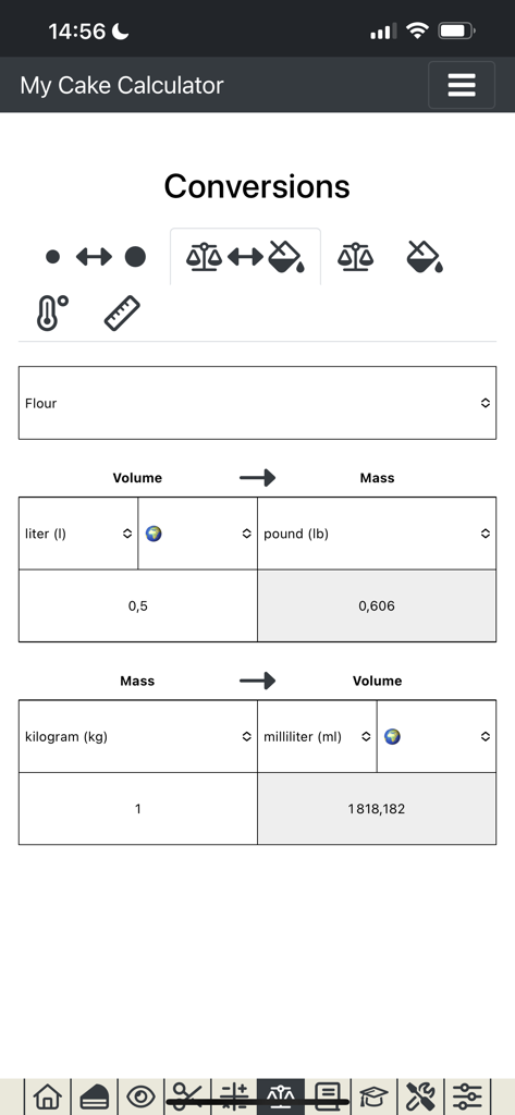Unit converter screen in My Cake Calculator showing volume and mass conversions for flour