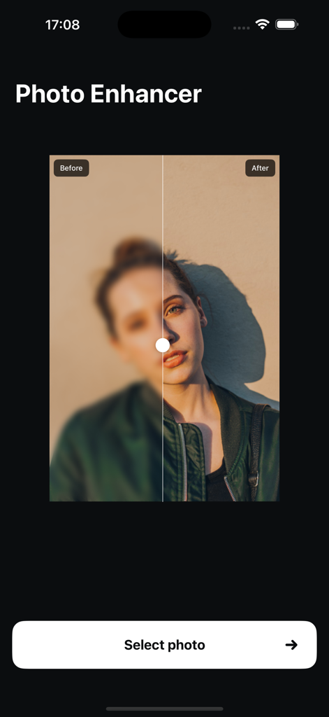 Enhancer - AI Photo Enhancer - Uma comparação lado a lado de um retrato borrado restaurado para uma imagem de alta definição nítida usando aprimoramento de fotos com IA.