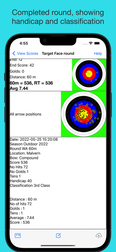 ArcheryLink - ArcheryLink app screenshot showing a completed archery round summary with target face arrow positions and handicap classification data
