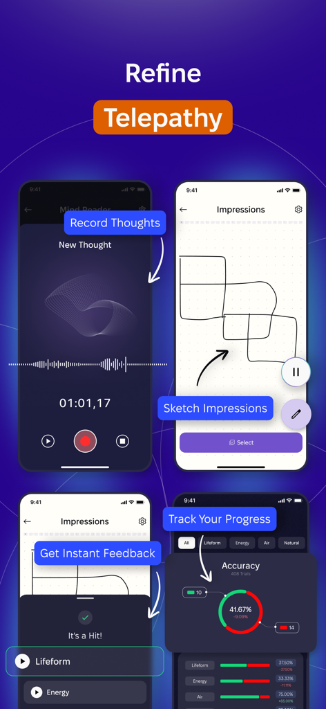 Mobile App-Bildschirme, die VEREVIO Telepathie-Funktionen zeigen, einschließlich Sprachaufnahme, Skizzieren von Eindrücken und Genauigkeitsverfolgung