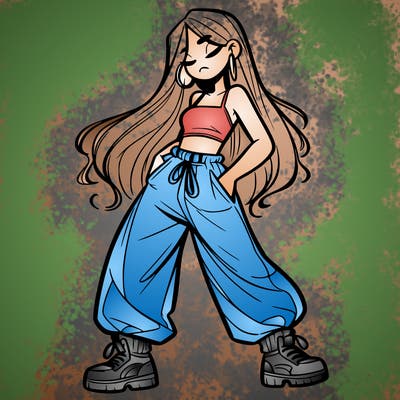 girl in baggy pants crop top and long hair