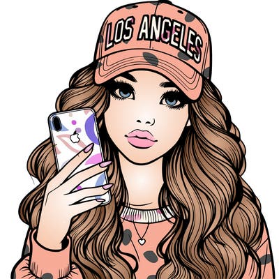 realistic beautiful girl wearing los ángeles cap holding an iphone