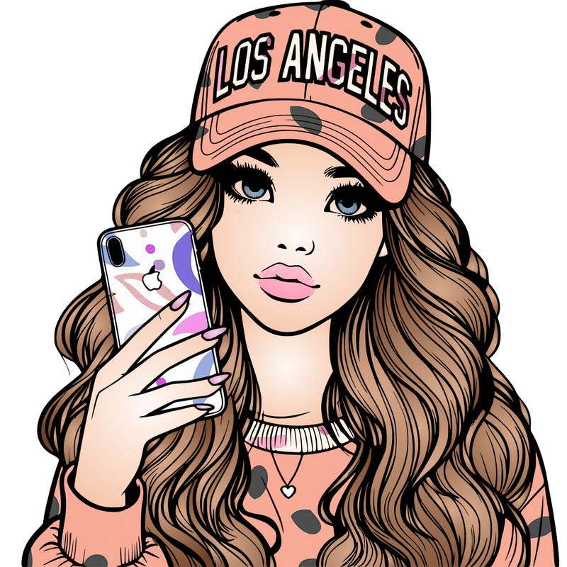 realistic beautiful girl wearing los ángeles cap holding an iphone