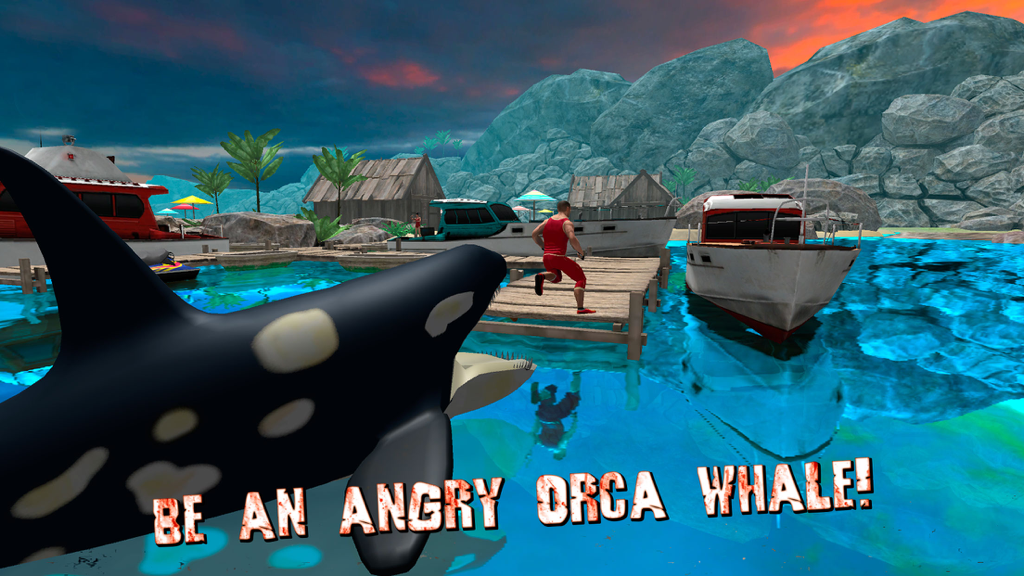 An orca whale swimming near a dock with a person running away in a tropical setting
