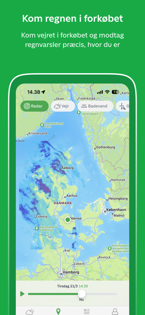TV 2 Vejr - Smartphone showing the TV 2 Vejr app with a rain radar map of Denmark