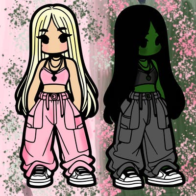 girl in baggy pants crop top and long hair