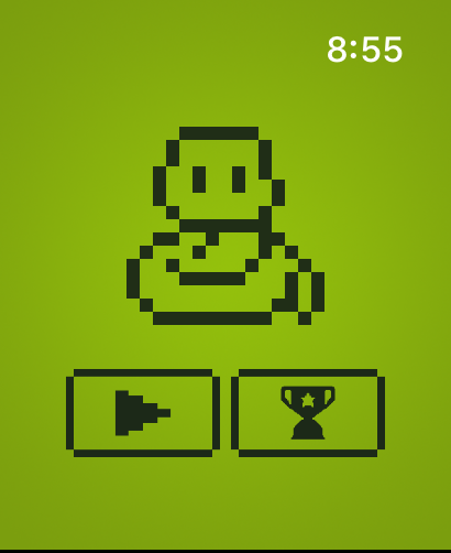 Snake - Classic - A pixelated snake character on a green background with game play and trophy menu buttons.
