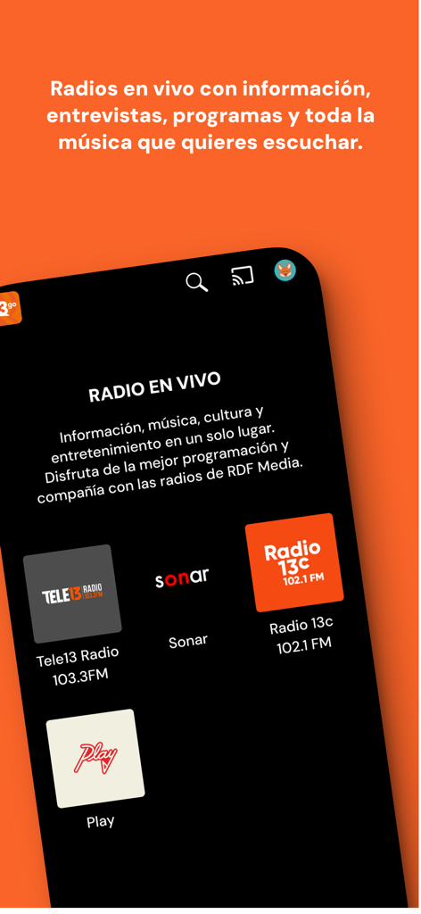 13 GO - Interface of 13 GO app showing available live radio stations including Tele13 Radio and Radio 13c.
