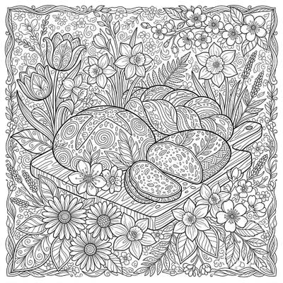 Savor the intricate beauty of freshly baked rye breads surrounded by the delicate charm of spring flowers in this detailed adult coloring page. Immerse yourself in a relaxing creative session, bringing this delightful scene to life with your chosen colors.