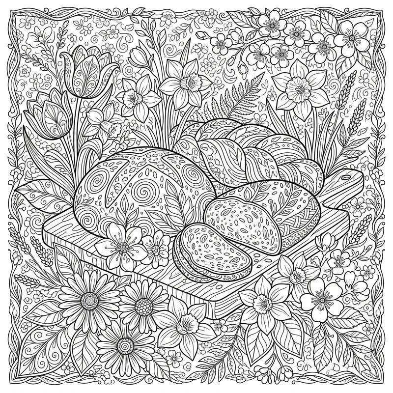 Savor the intricate beauty of freshly baked rye breads surrounded by the delicate charm of spring flowers in this detailed adult coloring page. Immerse yourself in a relaxing creative session, bringing this delightful scene to life with your chosen colors.