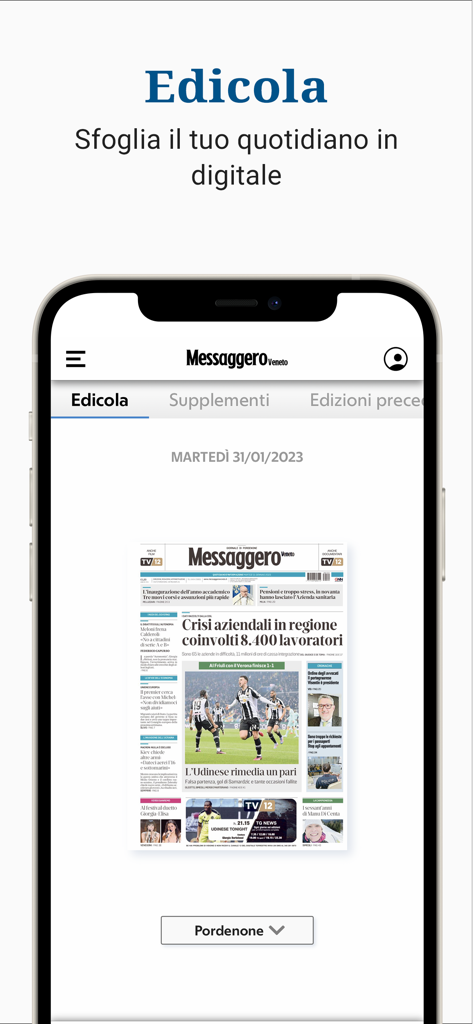 Interface de l'application Messaggero Veneto montrant l'édition numérique du journal quotidien.