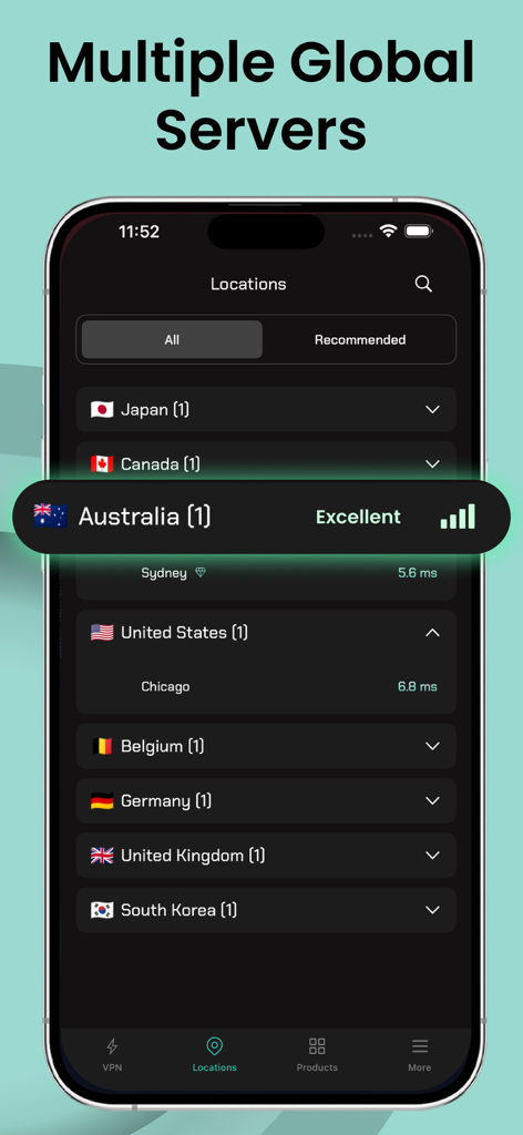 Bolt VPN: Super Fast & Private - Bolt VPN app interface showing a list of global server locations with connection speed details