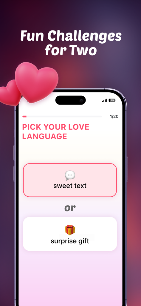 Cuties: App for Couples - Um desafio divertido de linguagem do amor para casais no aplicativo Cuties pedindo para escolher entre um texto fofo ou um presente surpresa