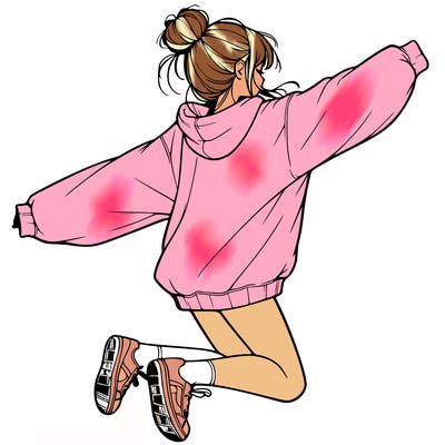 realistic girl jumping with a bun and oversized sweatshirt