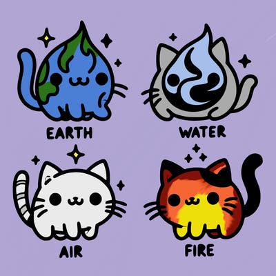 4 cats that represent the different elements, earth, water, air, and fire