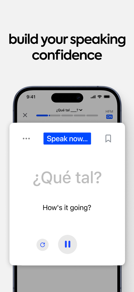 Speak Sprachlern-App-Oberfläche, die eine spanische Sprechübung für die Phrase Que tal zeigt