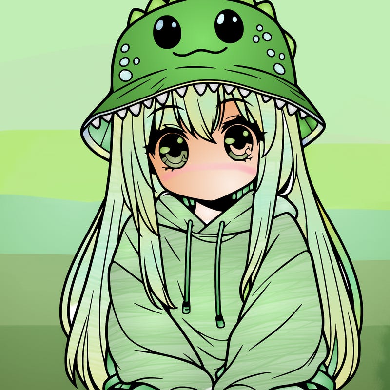 girl with anime shaped eyes with a dinosaur bucket hat oversized sweatshirt long straight hair
