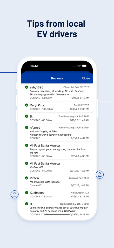 PlugShare app screenshot showing community reviews and tips from local electric vehicle drivers about charging stations