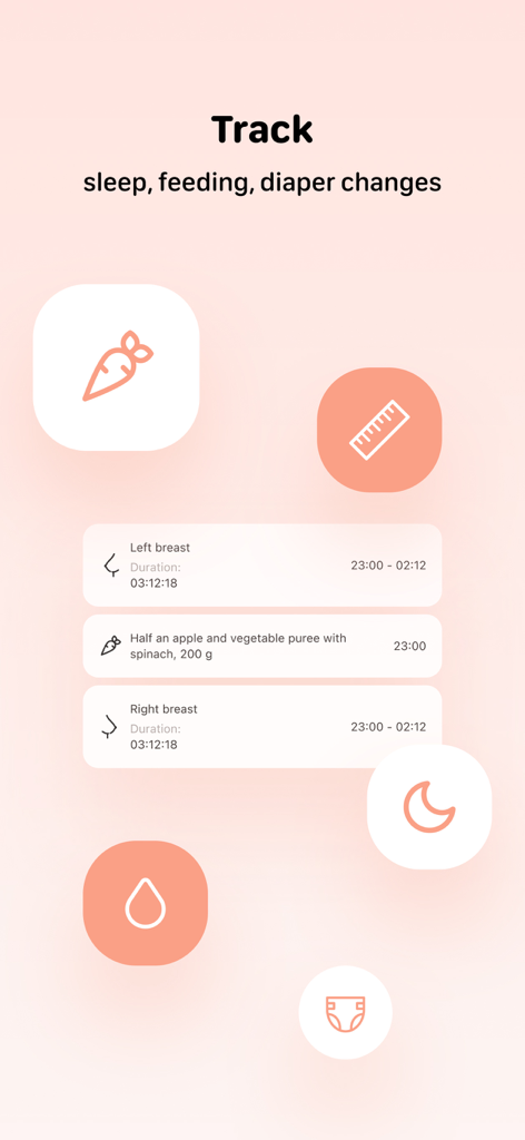 Baby Milestone Tracker Sprouty - Sproutyアプリのミニマルなインターフェースで、授乳、食事、睡眠、おむつ交換の記録が表示されている様子